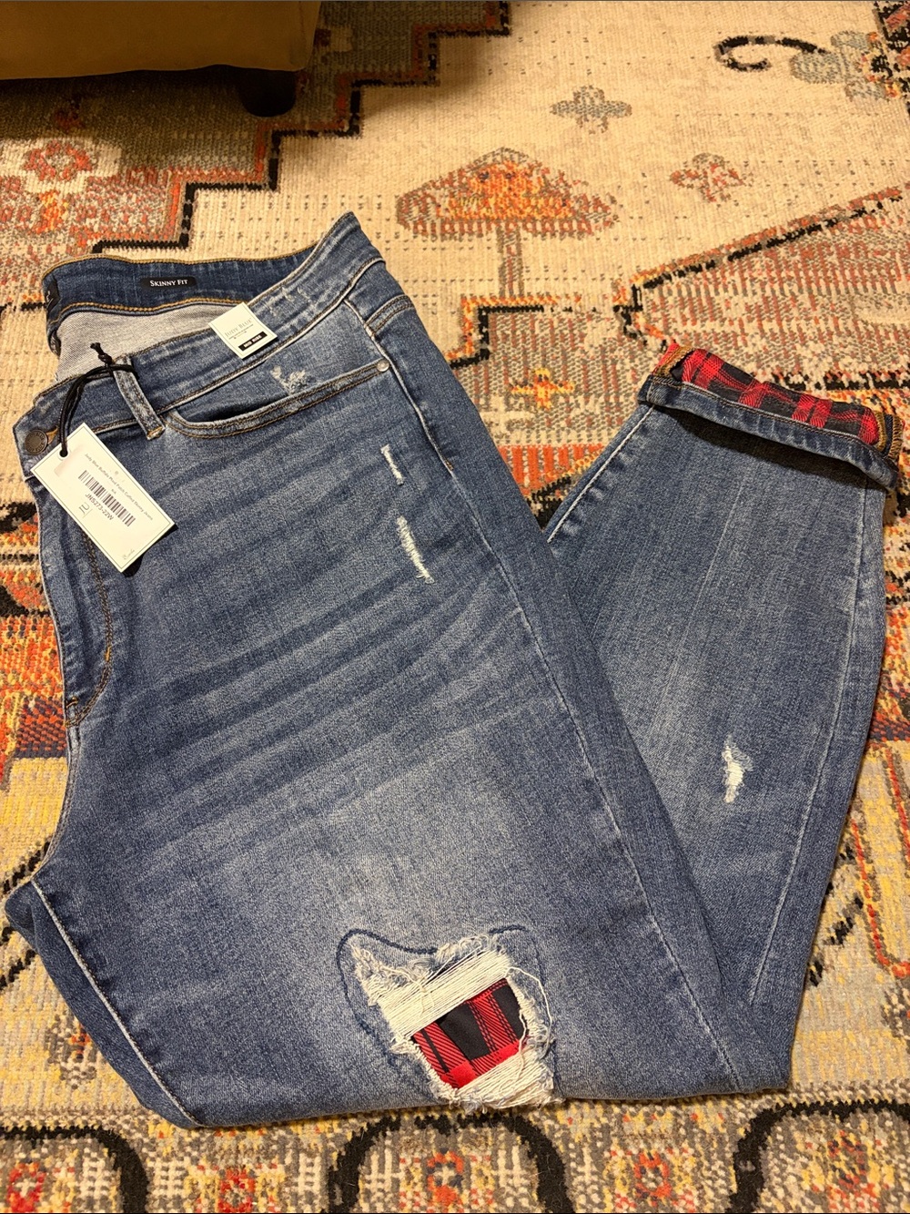 Judy Blue Medium Wash Skinny Jeans with Red Plaid Patch